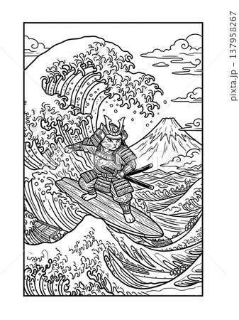 浮世絵風 侍猫と柴犬の塗り絵イラスト 線画素材 137958267