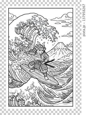 浮世絵風 侍猫と柴犬の塗り絵イラスト 線画素材 137958267