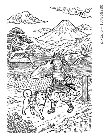 浮世絵風 侍猫と柴犬の塗り絵イラスト 線画素材 137958280