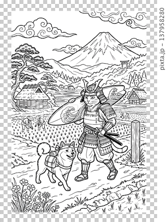浮世絵風 侍猫と柴犬の塗り絵イラスト 線画素材 137958280