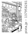 浮世絵風 侍猫と柴犬の塗り絵イラスト 線画素材 137958281