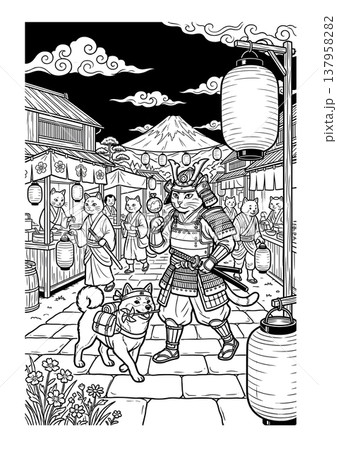 浮世絵風 侍猫と柴犬の塗り絵イラスト 線画素材 137958282