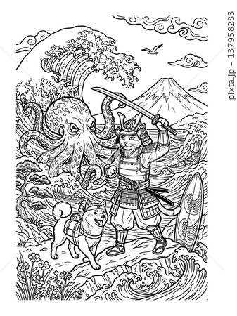 浮世絵風 侍猫と柴犬の塗り絵イラスト 線画素材 137958283