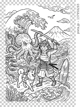 浮世絵風 侍猫と柴犬の塗り絵イラスト 線画素材 137958283