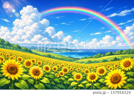 満開のひまわり　虹　海　夏イメージ　アニメ風 137958329