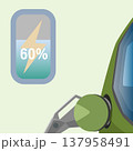 Vector or illustration featuring a digital battery status indicator showing 60% charge. Icon includes yellow lightning bolt over a teal gradient liquid level set against a soft pale green background.  137958491