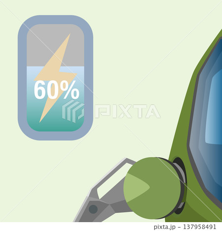 Vector or illustration featuring a digital battery status indicator showing 60% charge. Icon includes yellow lightning bolt over a teal gradient liquid level set against a soft pale green background. Vector or illustration featuring a digital battery status indicator showing 60% charge. Icon includes yellow lightning bolt over a teal gradient liquid level set against a soft pale green background. 137958491