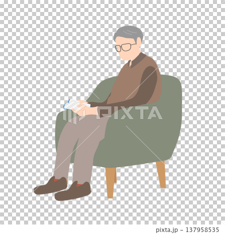 A senior man sitting in a chair and reading a book; a scene of elderly people reading. A senior man sitting in a chair and reading a book; a scene of elderly people reading. 137958535