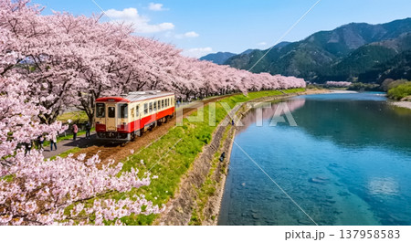 桜と清流と列車・AI生成画像 137958583