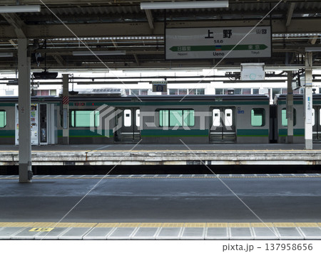 上野駅常磐線ホームに停車している電車と駅名票 137958656