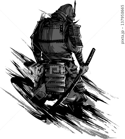 侍の後ろ姿の墨絵イラスト 侍の後ろ姿の墨絵イラスト 137958665