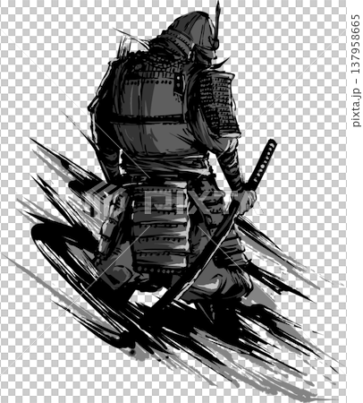 武士背影墨水畫插圖 137958665