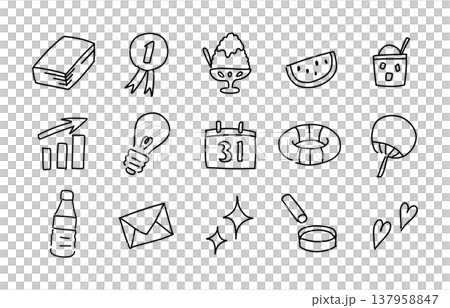 A set of hand-drawn summer illustrations. Simple line drawings of shaved ice, watermelon, floats, inner tubes, fans, etc. A set of hand-drawn summer illustrations. Simple line drawings of shaved ice, watermelon, floats, inner tubes, fans, etc. 137958847