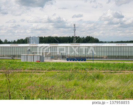 Modern industrial greenhouse building with glass exterior located in rural area. Large commercial facility for vegetable and plant cultivation. Agricultural technology and farming industry. Modern industrial greenhouse building with glass exterior located in rural area. Large commercial facility for vegetable and plant cultivation. Agricultural technology and farming industry. 137958855
