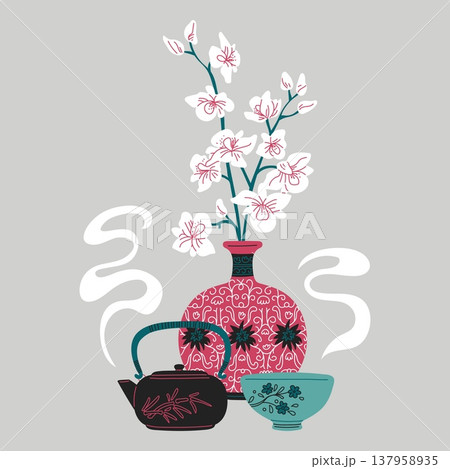Traditional Asian vase with Sakura branch, teapot and bowl, vector vintage oriental porcelain pottery floral ornament 137958935