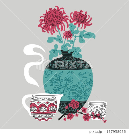 Traditional Asian vase with flowers, teapot and mug, vector vintage oriental pottery with floral ornament, Sakura branch 137958936