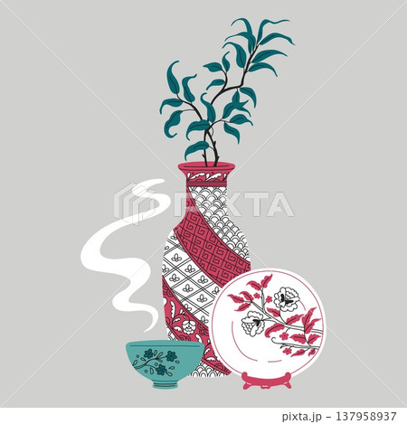 Traditional Asian vase with tree branch, plate and bowl, vector vintage porcelain oriental pottery with floral ornament 137958937