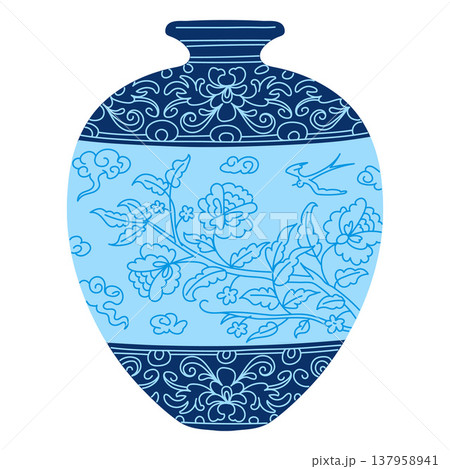 Elegant traditional Asian vase, vector vintage oriental pottery with blue floral ornaments, blossom flowers and bird Elegant traditional Asian vase, vector vintage oriental pottery with blue floral ornaments, blossom flowers and bird 137958941