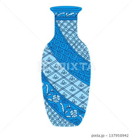 A decorative blue vase with a variety of geometric and floral patterns in an oriental style. 137958942
