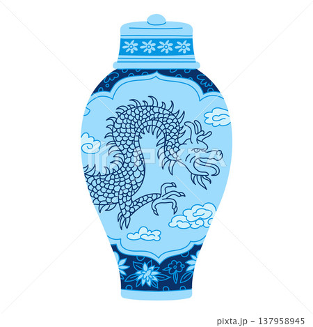 Traditional Asian vase, urn with lid, vector vintage blue oriental pottery with dragon in the sky and floral ornament 137958945