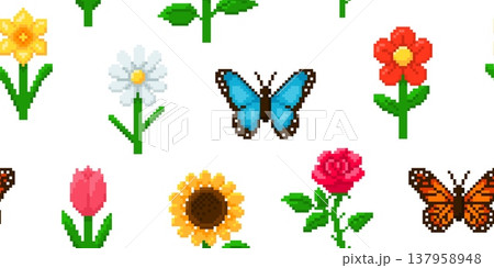 Seamless pattern with pixel flowers and butterflies in 8-bit style. 137958948