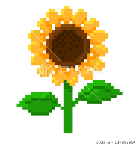 Pixelated yellow sunflower with green leaves, 8-bit. Pixelated yellow sunflower with green leaves, 8-bit. 137958954