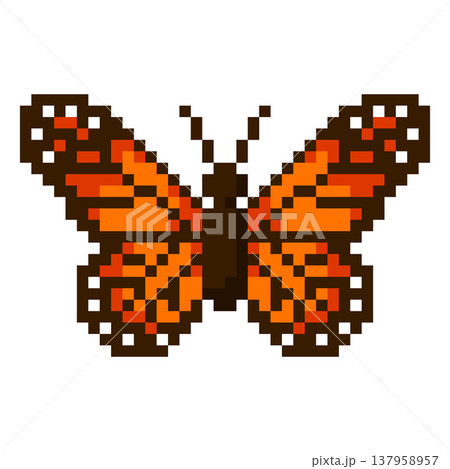 Butterfly vector pixel art, cartoon orange fly insect with wings and squared contour, retro 8 bit video game wild fauna Butterfly vector pixel art, cartoon orange fly insect with wings and squared contour, retro 8 bit video game wild fauna 137958957