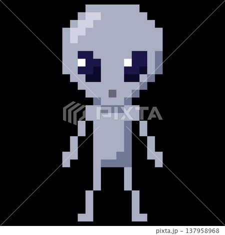 A gray pixelated alien with a large head, black eyes, arms, and legs, 8-bit. A gray pixelated alien with a large head, black eyes, arms, and legs, 8-bit. 137958968