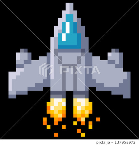 Spaceship vector pixel art, retro 8 bit video game cosmos shuttle with flame and squared contour, jet plane launch Spaceship vector pixel art, retro 8 bit video game cosmos shuttle with flame and squared contour, jet plane launch 137958972