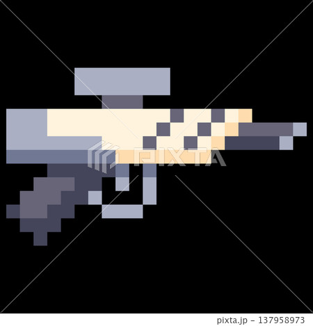 Gray pixel icon of a rifle, laser, or blaster, 8-bit. Gray pixel icon of a rifle, laser, or blaster, 8-bit. 137958973