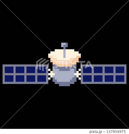 Space orbital satellite vector pixel art, cartoon retro 8 bit video game spaceship shuttle with solar panels and antenna 137958975