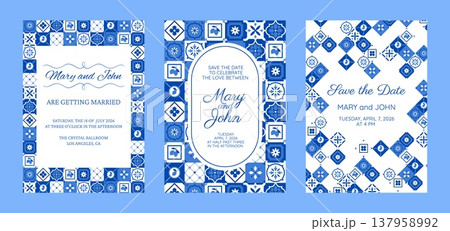 Bridal invitation card with Mediterranean, Italian blue tile, Amalfi wedding postcard vector designs set, Save the date 137958992