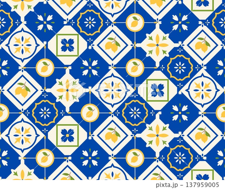 Mediterranean Amalfi tile, mosaic, vector colored ceramic tiles seamless pattern, square with floral ornament and lemons Mediterranean Amalfi tile, mosaic, vector colored ceramic tiles seamless pattern, square with floral ornament and lemons 137959005