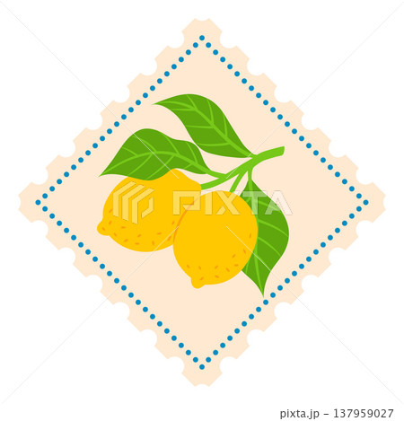 Postage stamp with lemons and wavy edges, vector flat lemons on branch with leaves, tropical yellow sour citrus fruits Postage stamp with lemons and wavy edges, vector flat lemons on branch with leaves, tropical yellow sour citrus fruits 137959027