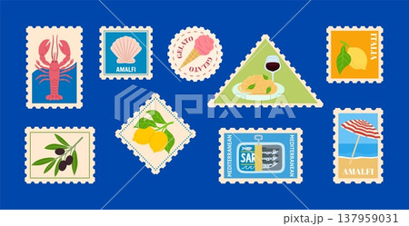 Mediterranean design elements collection, Amalfi Italia posters vector set, postage stamp with seashell, olives, lobster 137959031