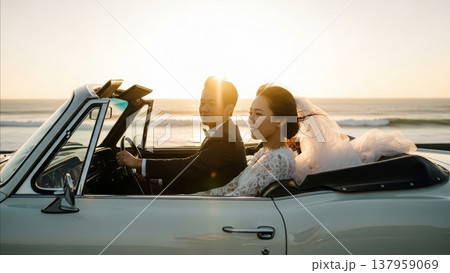 Wedding - Asian Couple in Classic Convertible Car at Sunset Beach Bride in Lace Dress and Groom in Tuxedo Wedding - Asian Couple in Classic Convertible Car at Sunset Beach Bride in Lace Dress and Groom in Tuxedo 137959069