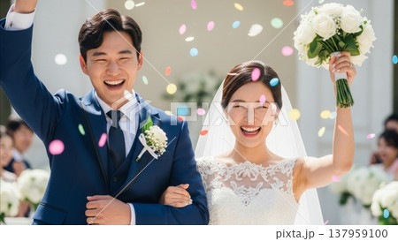 Wedding - Joyful Asian Newlywed Couple Celebrating with Colorful Confetti After Outdoor Ceremony 137959100