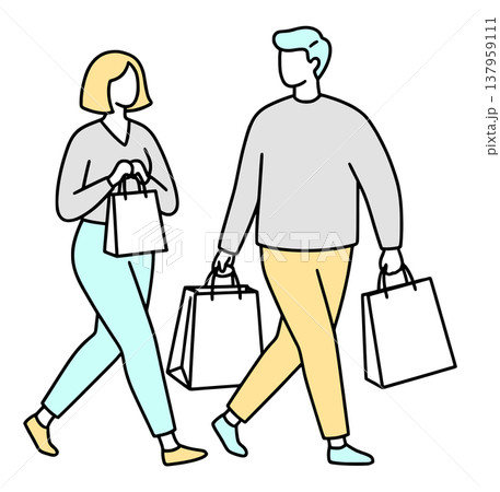 ショッピングをするカップルのイラスト：買い物とセール（シンプルな線画・ベクター） 137959111