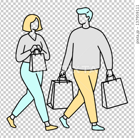 ショッピングをするカップルのイラスト：買い物とセール（シンプルな線画・ベクター） 137959111