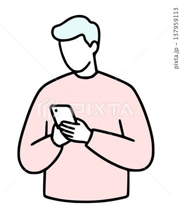 スマートフォンを見る男性：SNSやアプリの操作（シンプルな線画・ベクター） 137959113