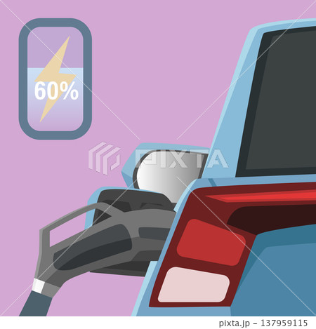 Rear side car with digital battery status indicator showing 60 charge. Icon includes yellow lightning bolt over a teal gradient liquid level set against a soft pale pink background. Rear side car with digital battery status indicator showing 60 charge. Icon includes yellow lightning bolt over a teal gradient liquid level set against a soft pale pink background. 137959115