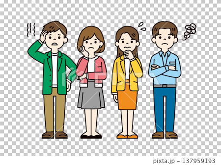 Full-body vector illustrations of multiple young business people with troubled, worried, or thinking expressions and poses. Full-body vector illustrations of multiple young business people with troubled, worried, or thinking expressions and poses. 137959193