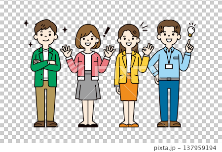 A set of full-body vector illustrations of male and female office workers in their 20s and 30s with positive expressions and poses. 137959194