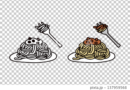 一組黑白和彩色的肉醬意麵插圖。 一組黑白和彩色的肉醬意麵插圖。 137959568