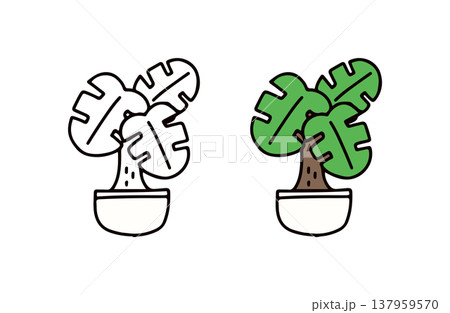 白黒と色ありの観葉植物のイラストセット 137959570