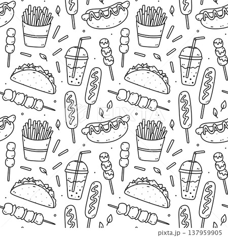 Seamless hand-drawn street food pattern 137959905