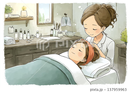 フェイシャルケアを受けてくつろぐ女性|エステサロンの美容イメージ フェイシャルケアを受けてくつろぐ女性|エステサロンの美容イメージ 137959963