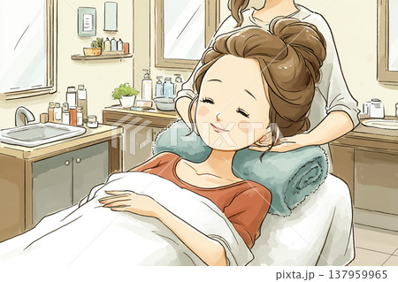 エステでくつろぐ女性｜フェイシャルケアを受ける美容イメージ 137959965