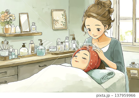 フェイシャルケアを受ける女性｜エステサロンのやさしい美容サービスイメージ 137959966