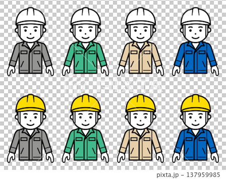 両手を下ろしたヘルメットと作業服を着用した男性のアイコン。その2 137959985